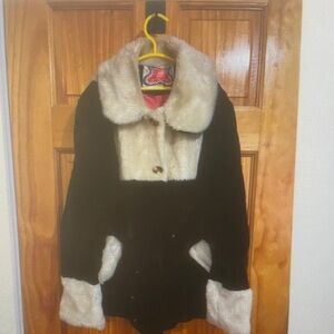 Women's Black and Cream Faux Fur Jacket
